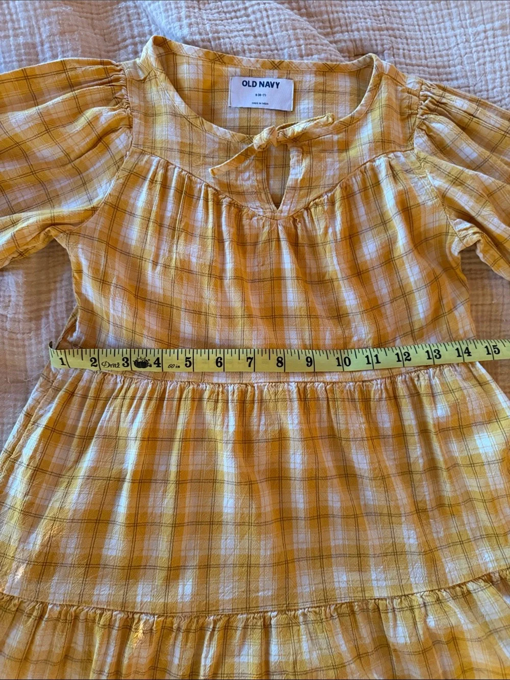Old Navy Yellow Plaid Tiered Tie-Neck Dress Girls Size 6-7